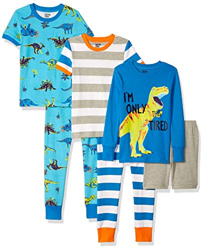 Amazon Essentials Boys' Snug-fit Cotton Pajamas Sleepwear Sets (Previously Spotted Zebra), Pack of 6, Blue/Grey, Dinosaur/Stripe, X-Small