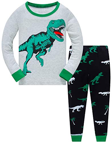 Popshion Boys Pajamas 100% Cotton Long Sleeve Toddler Pjs Set T-Rex Dinosaurs Clothes Kids Pjs Sleepwear(Green Dinosaurs-6230 3T)