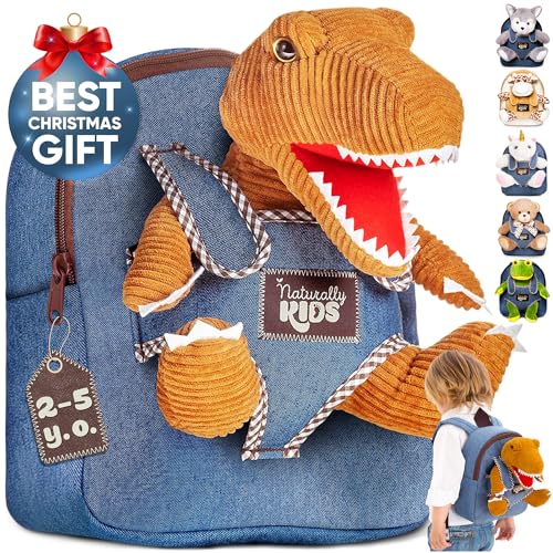 Naturally KIDS Small Dinosaur Backpack Dinosaur Toys for Kids 3-5 - Dinosaur Toys for 3 4 5 6 Year Old Boys Girls Gift - Toddler Backpack for Boys Dinosaurs for Boys Dino Toy - Dinosaur Stuffed Animal