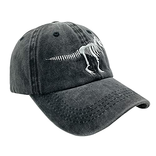 NVJUI JUFOPL Boys' Skull Dinosaur Hat, Washed Vintage Funny Embroidered Baseball Cap for Kids Black
