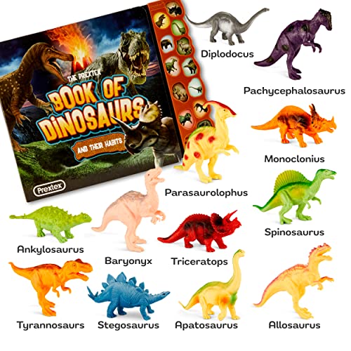 PREXTEX Dinosaur Toys for Kids 3+ (12 Plastic Dinosaur Figures & Interactive Dinosaur Book with Sound) - Toddler Dinosaur Toy, Dinosaur Gift Set for Toddlers Learning & Development (Boys & Girls)