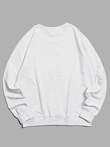 WDIRARA Men's Cartoon Dinosaur Graphic Print Long Sleeve Round Neck Sweatshirt White L