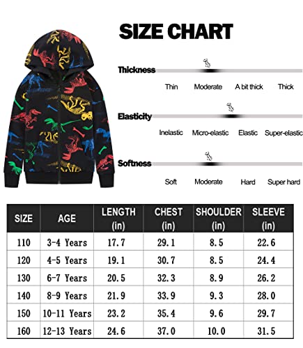 TLAENSON Boys Dinosaur Hoodies Zip Up Sweatshirts Kids Zipper Hooded Sweater Toddler Dino Clothes Black Size 120 / 4T-5T