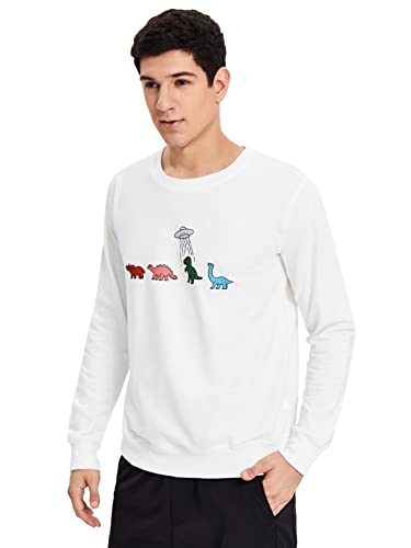WDIRARA Men's Cartoon Dinosaur Graphic Print Long Sleeve Round Neck Sweatshirt White L