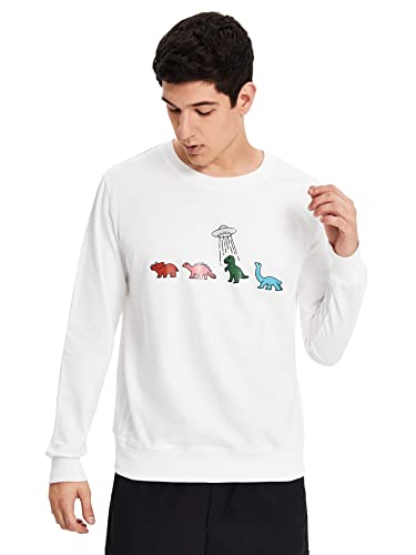 WDIRARA Men's Cartoon Dinosaur Graphic Print Long Sleeve Round Neck Sweatshirt White L