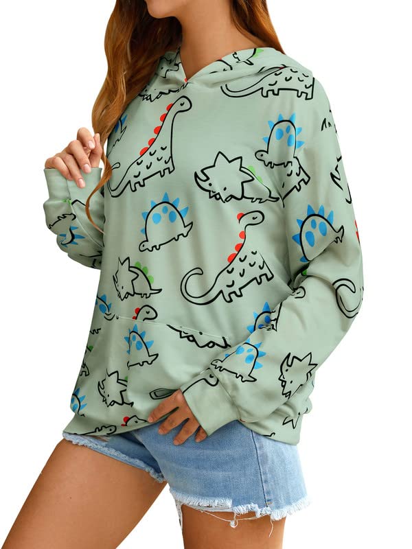 RMCMS Women Dinosaur Funny Hoodie Sweatshirt Pocket Crewneck Casual Loose Cute Tops Long Sleeve Hoodied Pullover Shirt Green