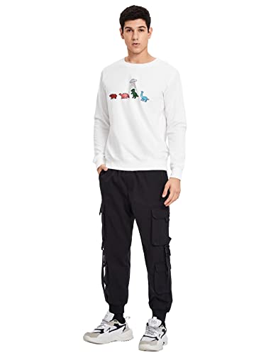 WDIRARA Men's Cartoon Dinosaur Graphic Print Long Sleeve Round Neck Sweatshirt White L