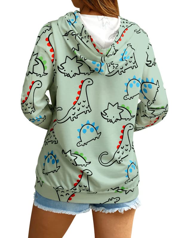 RMCMS Women Dinosaur Funny Hoodie Sweatshirt Pocket Crewneck Casual Loose Cute Tops Long Sleeve Hoodied Pullover Shirt Green
