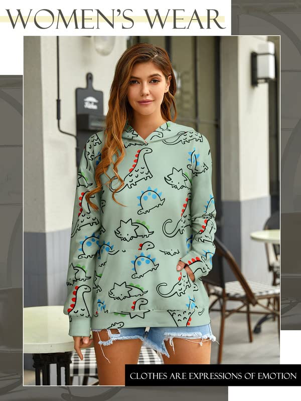 RMCMS Women Dinosaur Funny Hoodie Sweatshirt Pocket Crewneck Casual Loose Cute Tops Long Sleeve Hoodied Pullover Shirt Green