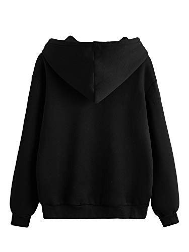 SweatyRocks Women's Casual Long Sleeve Graphic Drawstring Hooded Sweatshirt Tops with Pocket Black Dinosaur S