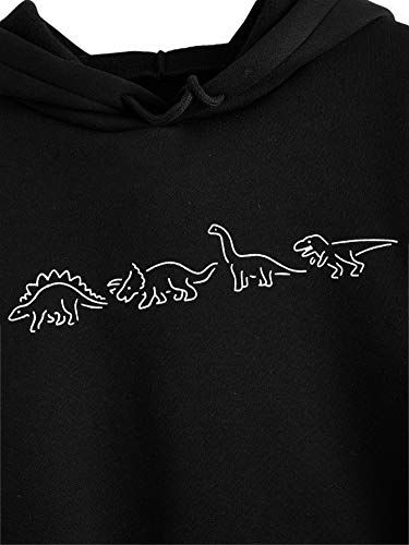 SweatyRocks Women's Casual Long Sleeve Graphic Drawstring Hooded Sweatshirt Tops with Pocket Black Dinosaur S
