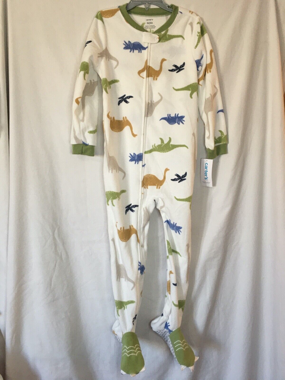 New Carter's 1-Piece Dinosaur Fleece Pajama PJs Footie Sleeper Toddler Boy White