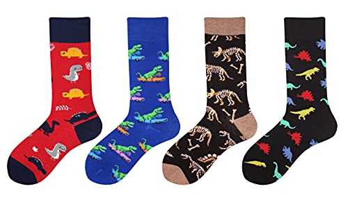 Wish Island Men's 4/5 Packs Fun Crazy Animal Socks Dinosaur Gifts Novelty Casual Dress Socks (Dinosaur - 4 pairs)