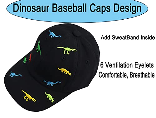 Kids Baseball Hat,Funny Dinosaur Hat for Boys Girls Age 3-10, Adjustable Washed Vintage Cotton Toddler Dino Baseball Caps, Birthday Gifts for Son, Daughter, Grandson, Granddaughter Black