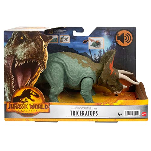 Jurassic World Dominion Roar Strikers Triceratops Dinosaur Action Figure with Motion and Sound, Toy Gift with Physical and Digital Play