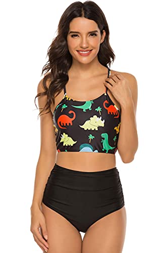 SherryDC Women's Dinosaur Printed Crop Tankini Lace Up Ruched High Waisted Bikini Swimsuits