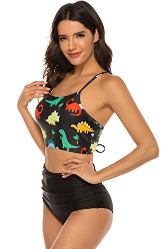 SherryDC Women's Dinosaur Printed Crop Tankini Lace Up Ruched High Waisted Bikini Swimsuits