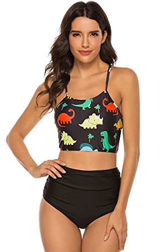 SherryDC Women's Dinosaur Printed Crop Tankini Lace Up Ruched High Waisted Bikini Swimsuits