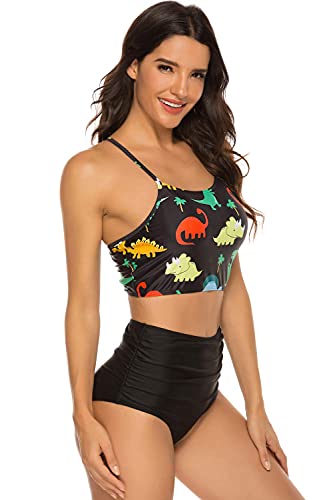 SherryDC Women's Dinosaur Printed Crop Tankini Lace Up Ruched High Waisted Bikini Swimsuits