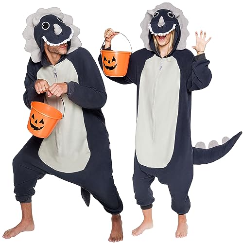 FUNZIEZ! Adult Triceratops Costume - Plush One Piece Dinosaur Costume - One Piece Pajamas(Grey, Large)
