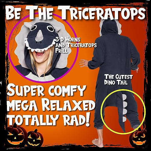 FUNZIEZ! Adult Triceratops Costume - Plush One Piece Dinosaur Costume - One Piece Pajamas(Grey, Large)