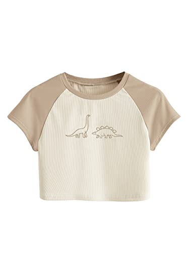 Dino Crop Tee for Women - Beige/Khaki