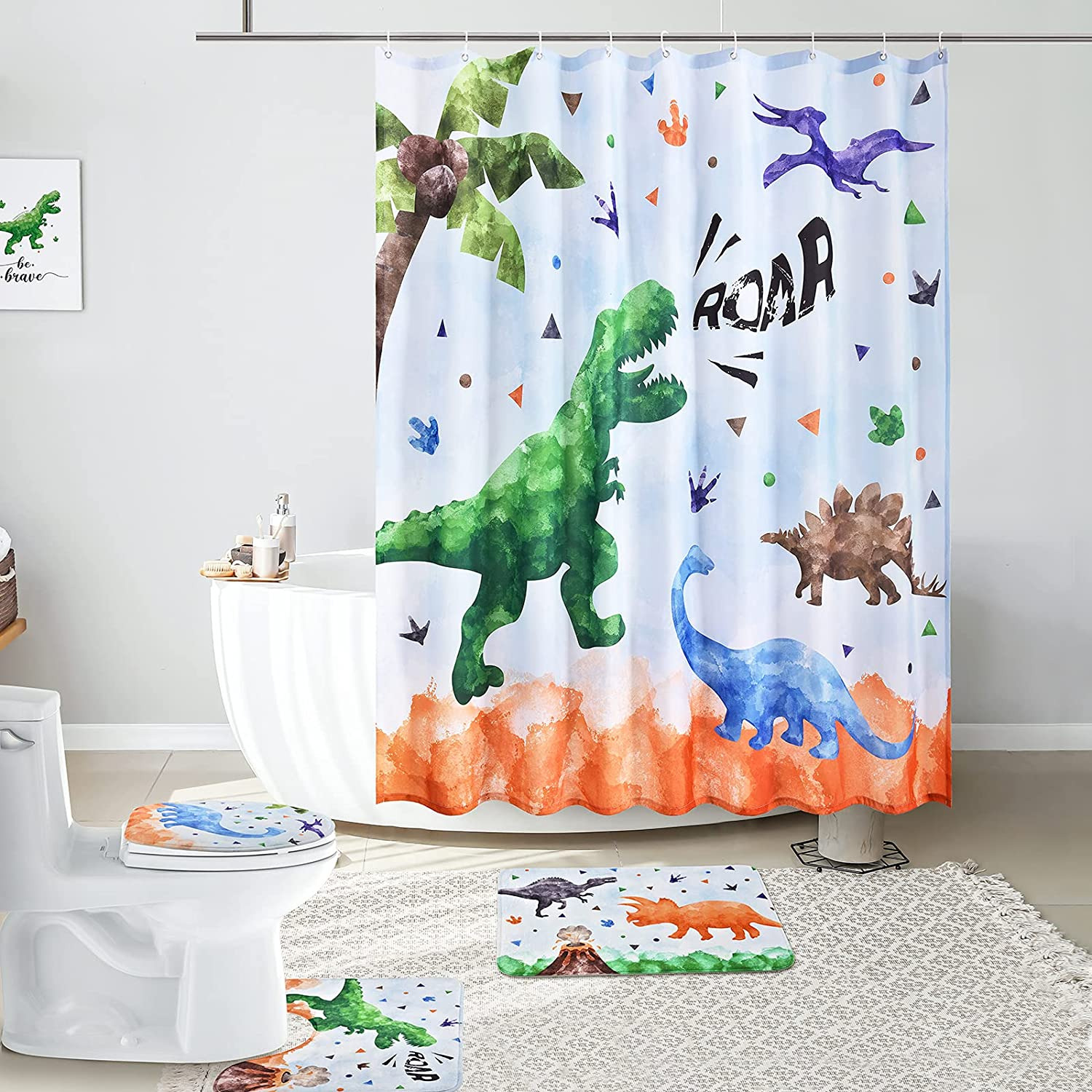 Dinosaur Shower Curtain Sets with Non-Slip Rugs - 4 Piece Bathroom Sets with Rug