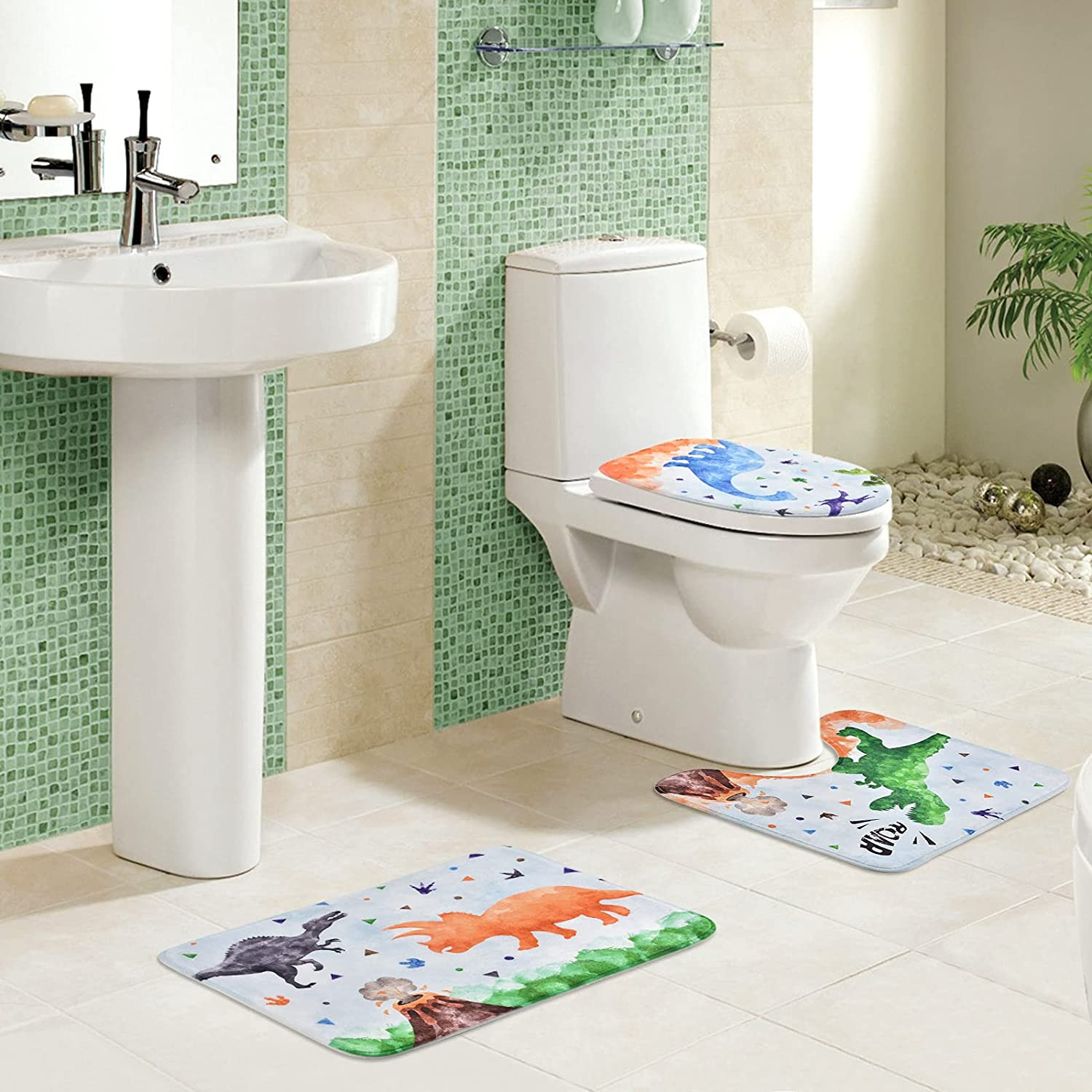 Dinosaur Shower Curtain Sets with Non-Slip Rugs - 4 Piece Bathroom Sets with Rug