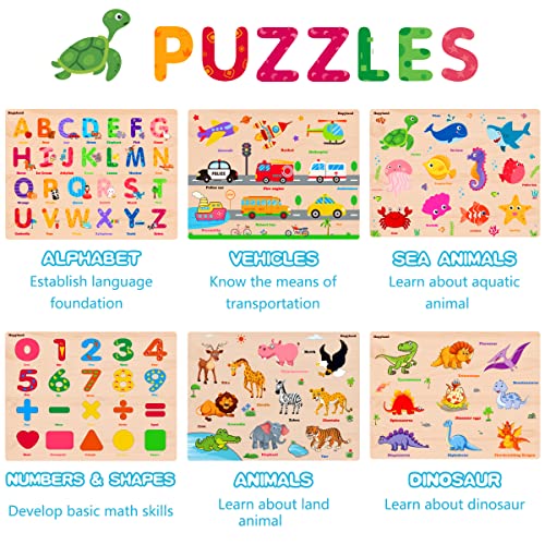 Wooden Peg Puzzles and Rack Set for Toddlers 2-4 Years Old - Montessori 6 Pack Learning Toys for Boys & Girls with Storage Holder Rack - Educational Preschool Games Gift for Kids Age 1 2 3 4