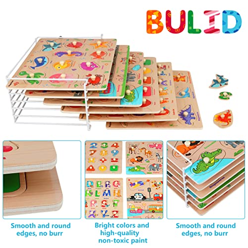 Wooden Peg Puzzles and Rack Set for Toddlers 2-4 Years Old - Montessori 6 Pack Learning Toys for Boys & Girls with Storage Holder Rack - Educational Preschool Games Gift for Kids Age 1 2 3 4
