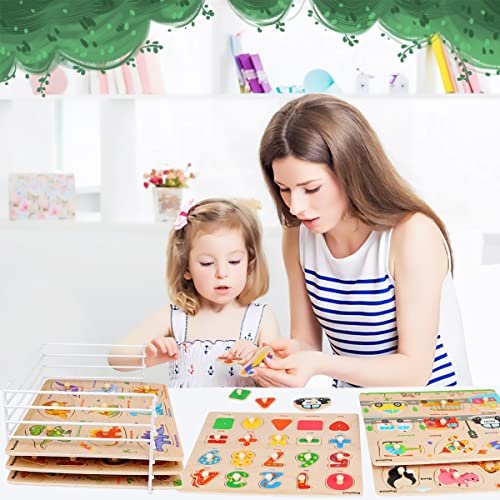 Wooden Peg Puzzles and Rack Set for Toddlers 2-4 Years Old - Montessori 6 Pack Learning Toys for Boys & Girls with Storage Holder Rack - Educational Preschool Games Gift for Kids Age 1 2 3 4