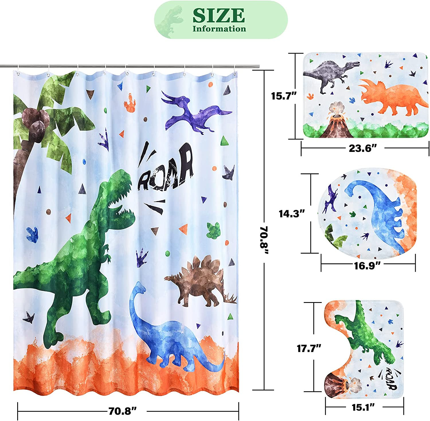 Dinosaur Shower Curtain Sets with Non-Slip Rugs - 4 Piece Bathroom Sets with Rug