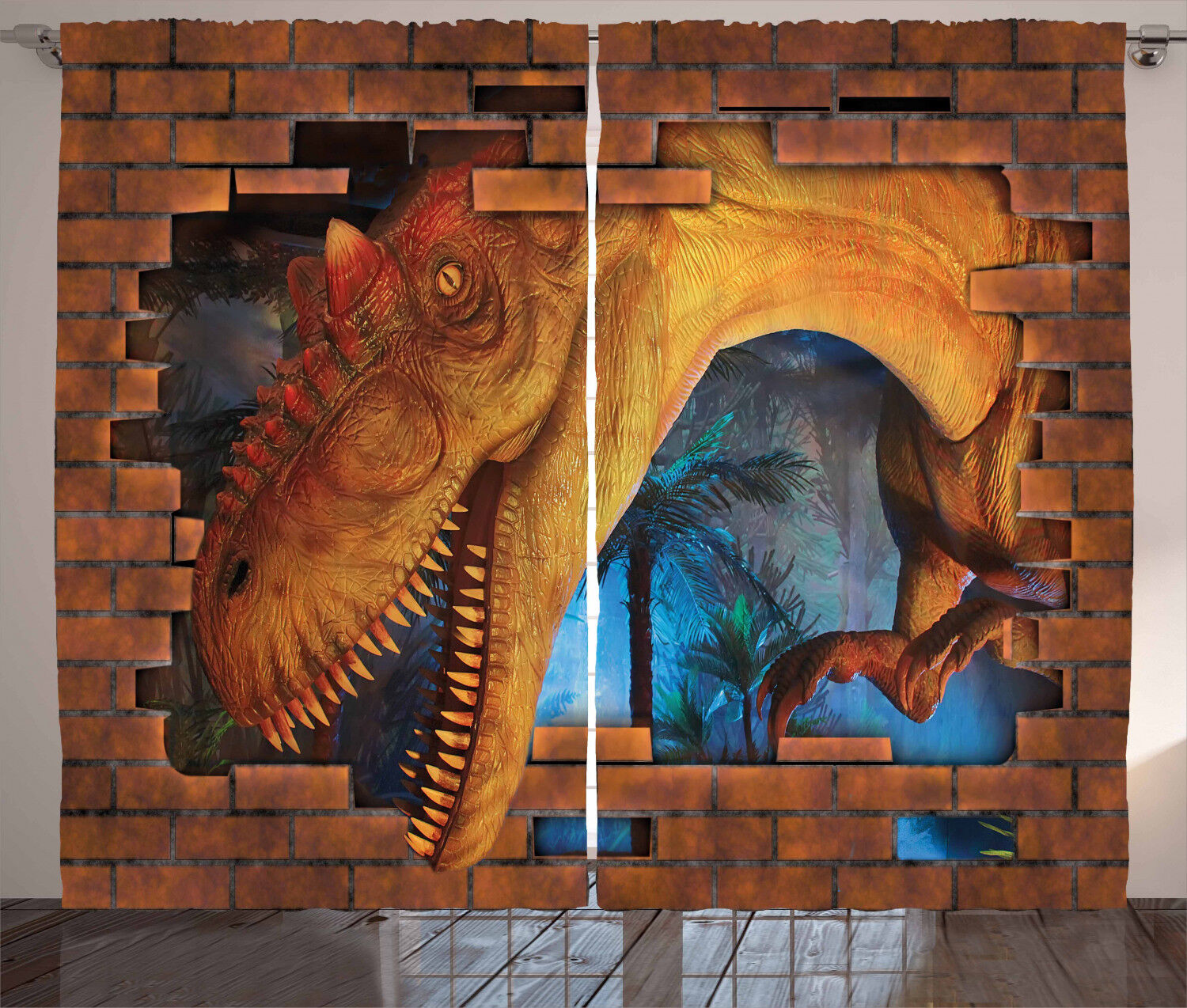 Dino Breaks Brick Wall Curtains, 108x84 Inches