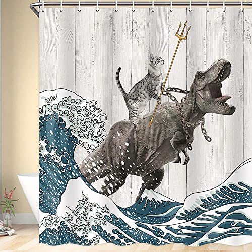 Dino-themed Funny Cat Shower Curtain