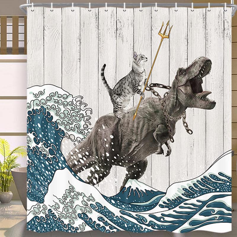 Dino-themed Funny Cat Shower Curtain