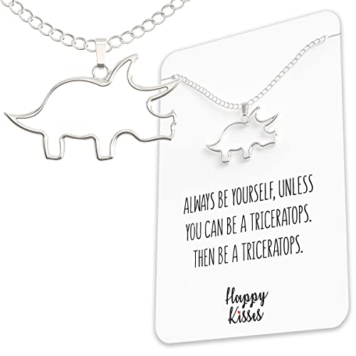 Happy Kisses Dinosaur Triceratops Necklace - Cute Pendant Gift for Women or kids - Sweet & Funny Message Card (Silver)