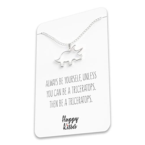 Happy Kisses Dinosaur Triceratops Necklace - Cute Pendant Gift for Women or kids - Sweet & Funny Message Card (Silver)