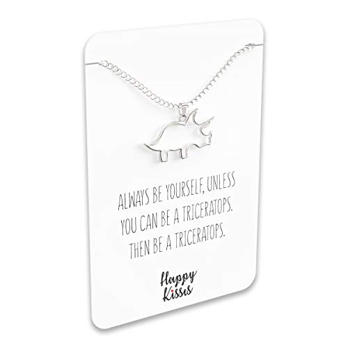 Happy Kisses Dinosaur Triceratops Necklace - Cute Pendant Gift for Women or kids - Sweet & Funny Message Card (Silver)