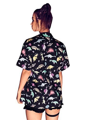 SweatyRocks Women's Short Sleeve Cute Print Button Down Shirt Tops Black Dinosaur M