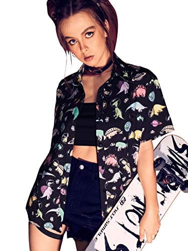 SweatyRocks Women's Short Sleeve Cute Print Button Down Shirt Tops Black Dinosaur M