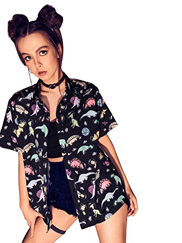SweatyRocks Women's Short Sleeve Cute Print Button Down Shirt Tops Black Dinosaur M