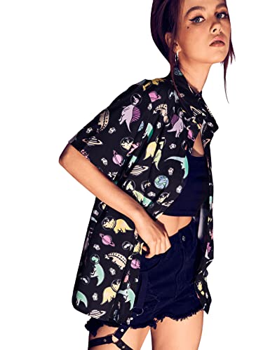 SweatyRocks Women's Short Sleeve Cute Print Button Down Shirt Tops Black Dinosaur M