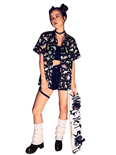 SweatyRocks Women's Short Sleeve Cute Print Button Down Shirt Tops Black Dinosaur M