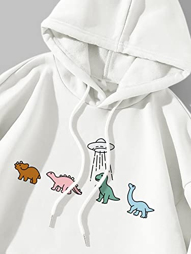 SOLY HUX Women Casual Fashion California Hoodie Los Angeles Pullover Drawstring Graphic Sweatshirt White Cartoon Dinosaur M