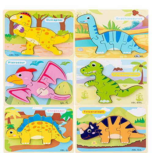 WedFeir Todder Puzzles Set of 6, Dinosaur Wooden Puzzle for Toddler Kids 3+ Year Old, Educational Toys for Preschool Kindergarten Boys and Girls.