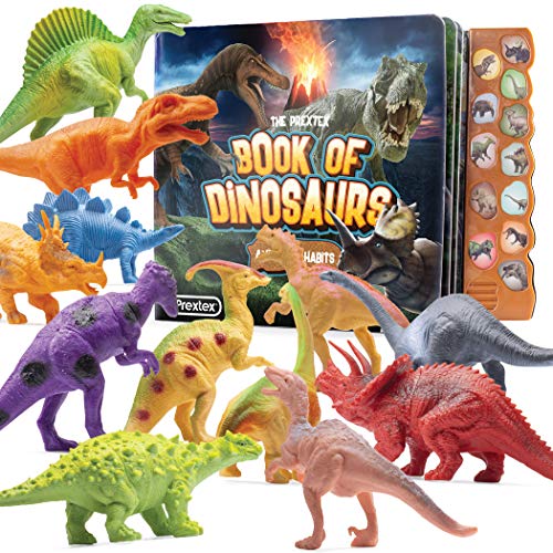 PREXTEX Dinosaur Toys for Kids 3+ (12 Plastic Dinosaur Figures & Interactive Dinosaur Book with Sound) - Toddler Dinosaur Toy, Dinosaur Gift Set for Toddlers Learning & Development (Boys & Girls)