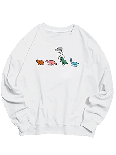 WDIRARA Men's Cartoon Dinosaur Graphic Print Long Sleeve Round Neck Sweatshirt White L