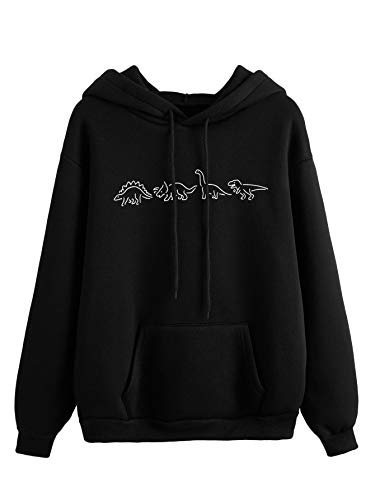 SweatyRocks Women's Casual Long Sleeve Graphic Drawstring Hooded Sweatshirt Tops with Pocket Black Dinosaur S