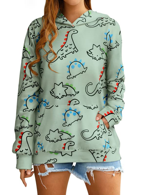 RMCMS Women Dinosaur Funny Hoodie Sweatshirt Pocket Crewneck Casual Loose Cute Tops Long Sleeve Hoodied Pullover Shirt Green