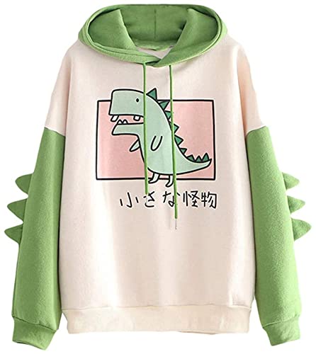 Dinosaur Hoodie Kawaii Pullover Cute Hooded Sweatshirt For Teengirls Womens Green Small